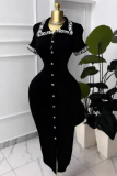 Elegant Solid Color Buckle Turndown Collar Wrapped Skirt Dresses