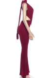 Sexy Solid Color Metal Accessories Trim Deep V Neck Bodycon Jumpsuits