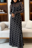 Elegant Print See-Through O Neck Long Dresses