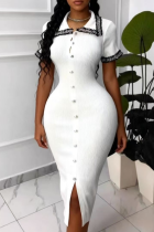 Elegant Solid Color Buckle Turndown Collar Wrapped Skirt Dresses