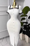 Elegant Solid Color Buckle Turndown Collar Wrapped Skirt Dresses