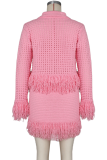 Casual Solid Color Fringed Trim Turndown Collar Long Sleeve Two Pieces