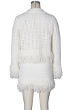 Casual Solid Color Fringed Trim Turndown Collar Long Sleeve Two Pieces