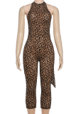 Sexy Leopard Print Patchwork O Neck Skinny Jumpsuits