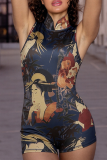 Sexy Print Patchwork Mandarin Collar Regular Rompers