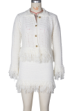 Casual Solid Color Fringed Trim Turndown Collar Long Sleeve Two Pieces