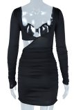 Sexy Solid Color Hollow Out Asymmetrical Collar Wrapped Skirt Dresses