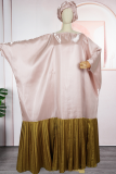 Casual Pleated Contrast O Neck Long Dresses