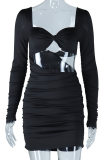 Sexy Solid Color Hollow Out Asymmetrical Collar Wrapped Skirt Dresses