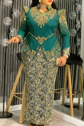 Elegant Embroidery Slit Mandarin Collar Long Plus Size Dresses