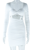 Sexy Solid Color Hollow Out Asymmetrical Collar Wrapped Skirt Dresses