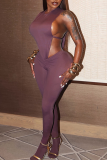 Sexy Solid Color Backless O Neck Skinny Jumpsuits