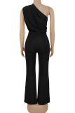 Casual Solid Color Patchwork Oblique Collar Regular Jumpsuits
