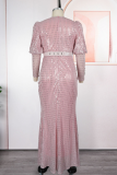 Elegant Solid Color Sequins V Neck Long Plus Size Dresses
