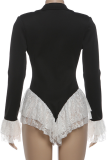 Sexy Solid Color Lace Contrast Turndown Collar Regular Rompers
