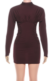 Casual Solid Color Ruched O Neck Wrapped Skirt Dresses