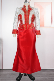 Elegant Solid Color Beading Mandarin Collar Long Plus Size Dresses