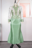 Elegant Solid Color Beading Mandarin Collar Long Plus Size Dresses