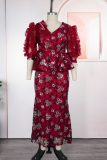 Elegant Leaves Contrast V Neck Long Plus Size Dresses