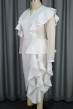 Elegant Solid Color Lace Flounce Asymmetrical Collar Long Plus Size Dresses