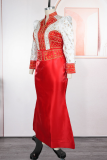 Elegant Solid Color Beading Mandarin Collar Long Plus Size Dresses