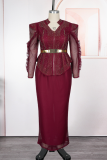 Elegant Solid Color Stringy Selvedge Mandarin Collar Long Plus Size Dresses