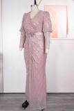 Elegant Solid Color Sequins V Neck Long Plus Size Dresses
