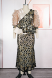 Elegant Leaves Contrast V Neck Long Plus Size Dresses