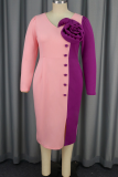 Elegant Contrast Flower Shape V Neck Wrapped Skirt Plus Size Dresses