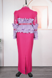 Elegant Leaves With Belt Turndown Collar Plus Size Dresses