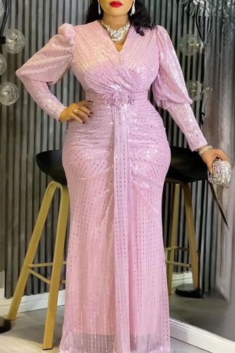 Elegant Solid Color Sequins V Neck Long Plus Size Dresses