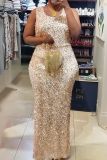 Elegant Solid Color Sequins Turn-back Collar Plus Size Dresses