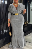 Elegant Solid Color Ruched V Neck Long Plus Size Dresses