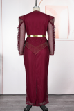 Elegant Solid Color Stringy Selvedge Mandarin Collar Long Plus Size Dresses