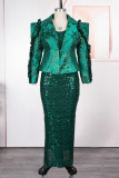 Elegant Solid Color Sequins Turn-back Collar Plus Size Dresses