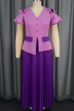 Elegant Solid Color Pleated Contrast V Neck Long Dresses