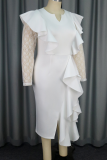 Elegant Solid Color Lace Flounce Asymmetrical Collar Long Plus Size Dresses