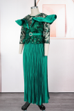 Elegant Solid Color Sequins Pleated O Neck Long Plus Size Dresses