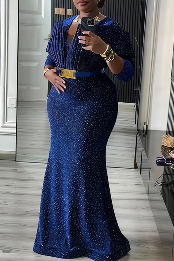 Elegant Solid Color Ruched V Neck Long Plus Size Dresses
