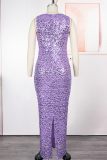 Elegant Solid Color Sequins Turn-back Collar Plus Size Dresses