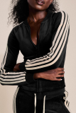 Casual Stripe Contrast Zipper Collar Long Sleeve Two Pieces