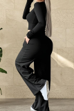 Casual Solid Color Pocket O Neck Long Sleeve Two Pieces