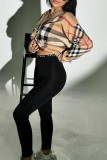 Casual Plaid Buckle V Neck Outerwear