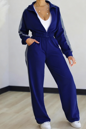 Casual Stripe Contrast Zipper Collar Long Sleeve Two Pieces