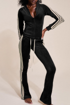 Casual Stripe Contrast Zipper Collar Long Sleeve Two Pieces