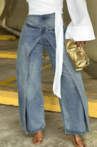 Casual Solid Color Patchwork Mid Waist Loose Denim Jeans