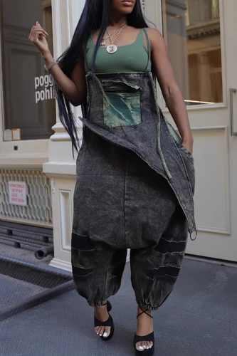 Street Solid Color Distressed Spaghetti Strap Loose Jumpsuits
