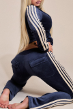 Casual Stripe Contrast Zipper Collar Long Sleeve Two Pieces