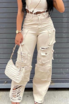 Casual Solid Color Ripped Pocket Mid Waist Loose Denim Jeans