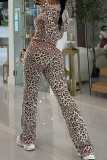 Casual Leopard Print Patchwork Hooded Long Sleeve Two Pieces